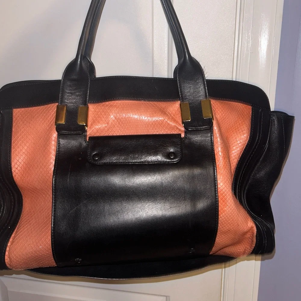 Chloé Black and Coral Pink Leather Tote